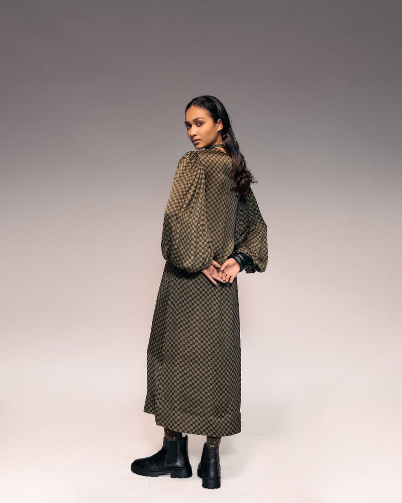 Olive Ajrakh Check Midi Dress satin by Kritika Murarka in olive color for women Worldwide