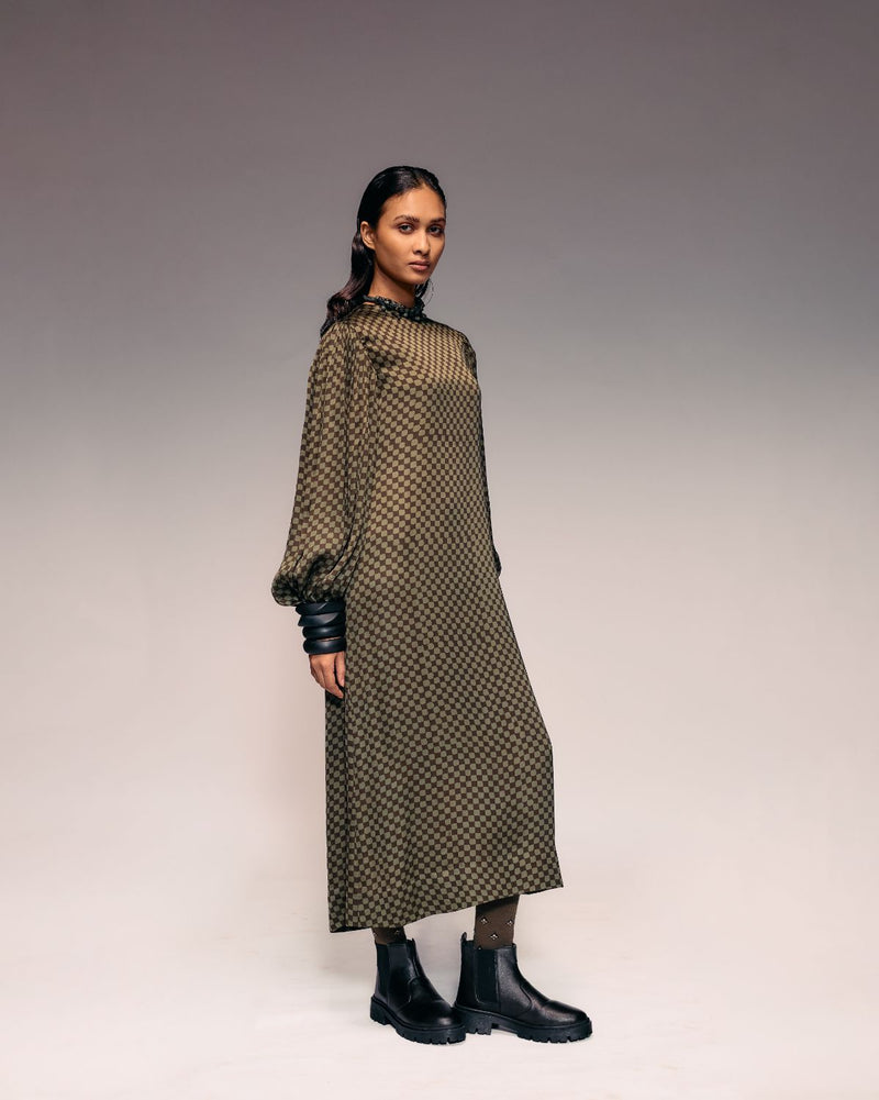 Olive Ajrakh Check Midi Dress satin by Kritika Murarka in olive color for women Worldwide