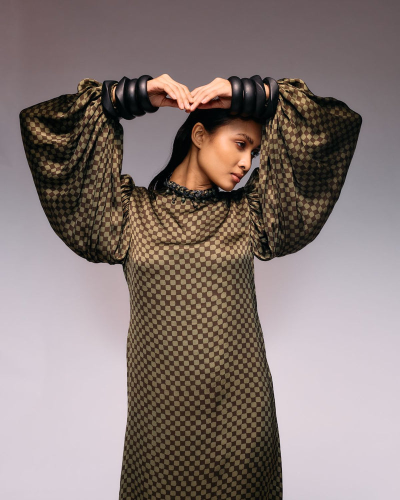 Olive Ajrakh Check Midi Dress satin by Kritika Murarka in olive color for women Worldwide