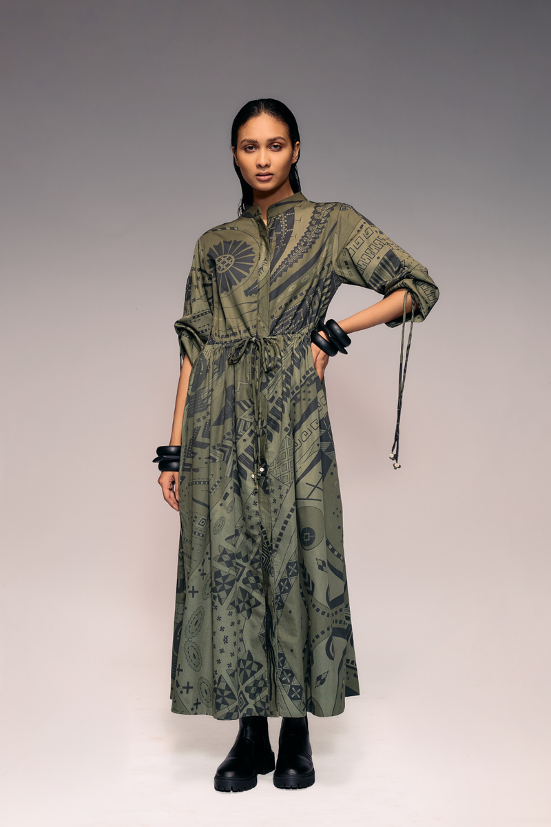 Olive Print Drawstring dress cotton by Kritika Murarka in olive color for women Worldwide