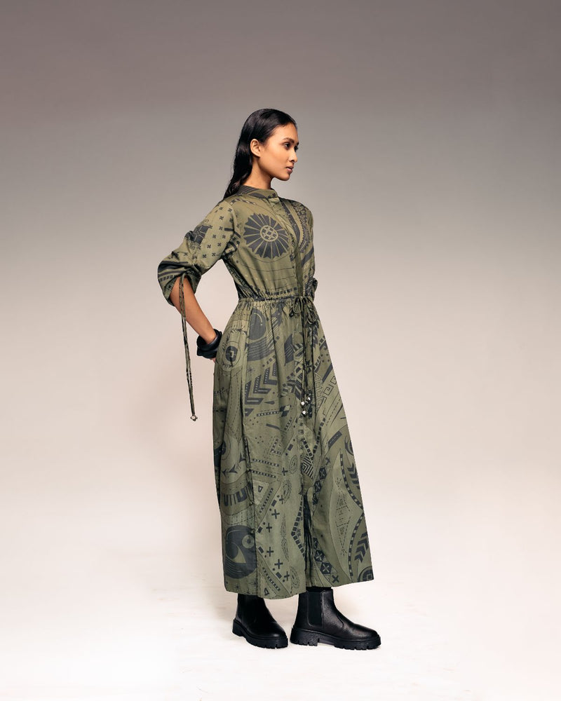Olive Print Drawstring dress cotton by Kritika Murarka in olive color for women Worldwide