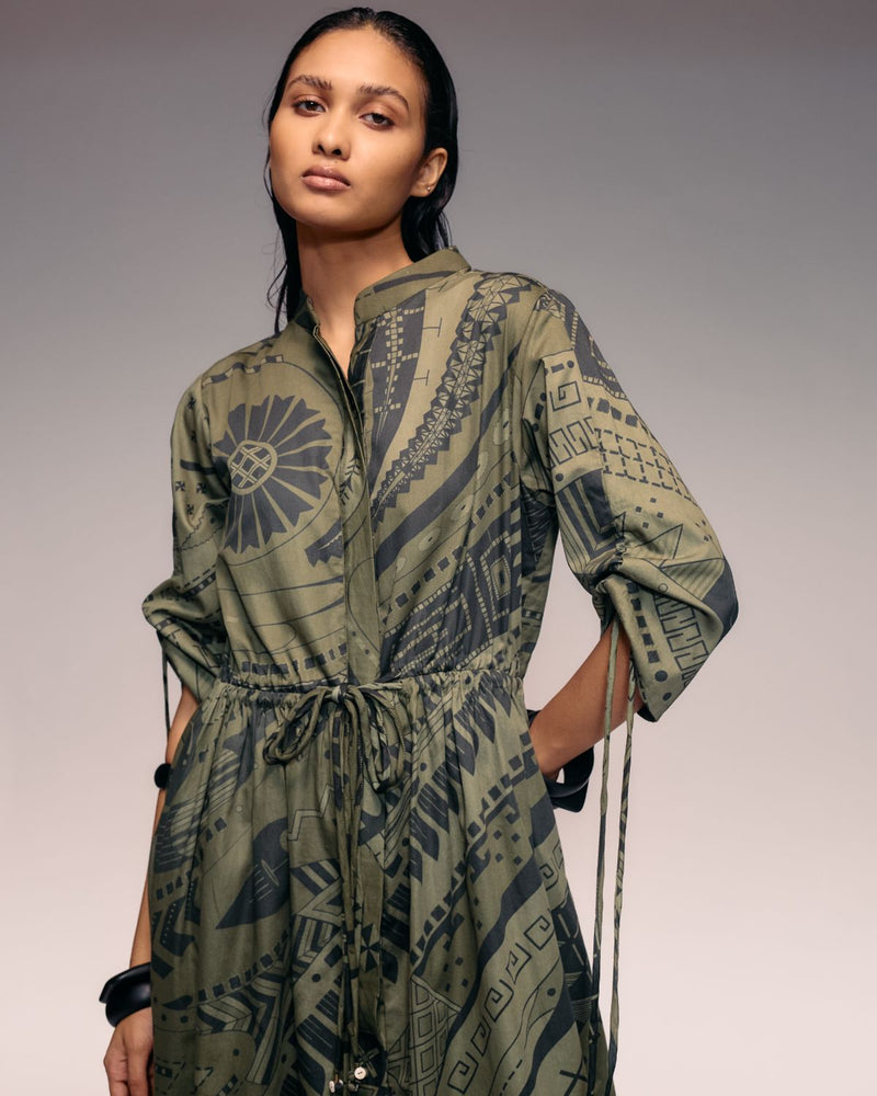 Olive Print Drawstring dress cotton by Kritika Murarka in olive color for women Worldwide