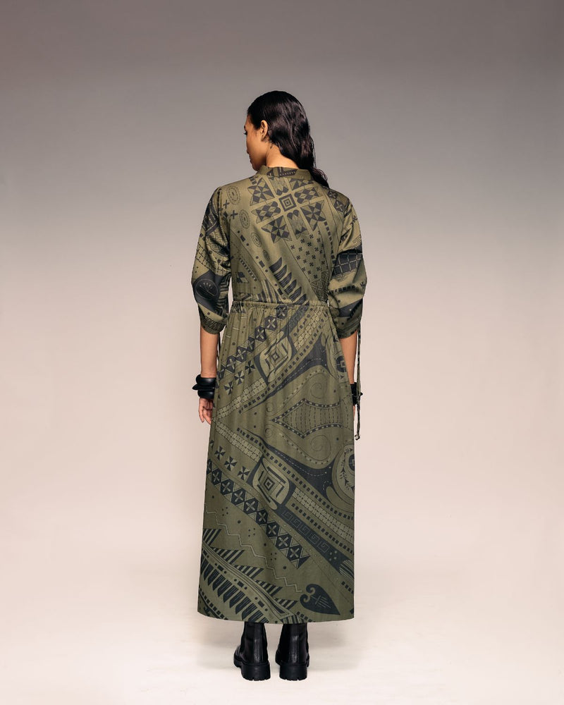 Olive Print Drawstring dress cotton by Kritika Murarka in olive color for women Worldwide