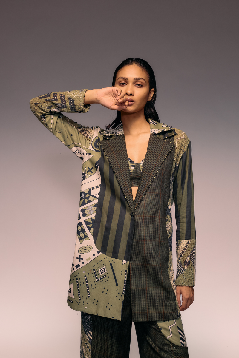 Olive Patch Blazer cotton by Kritika Murarka in olive color for women Worldwide