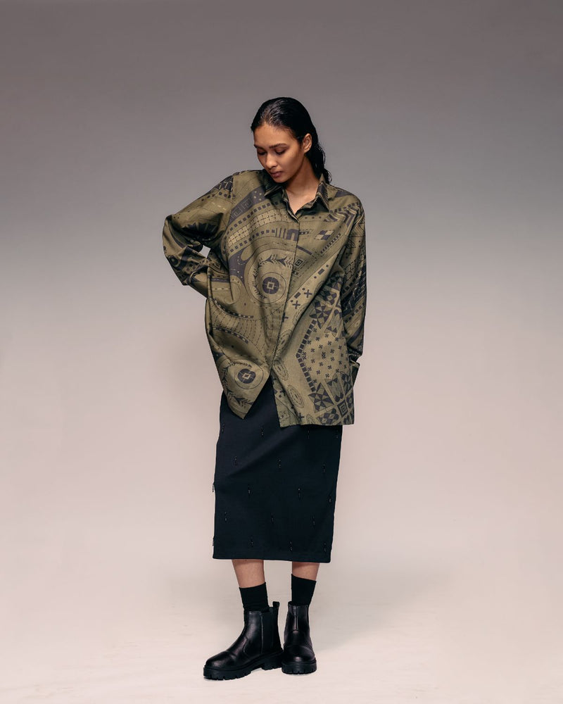 Olive Print Oversized Shirt cotton by Kritika Murarka in olive color for women Worldwide