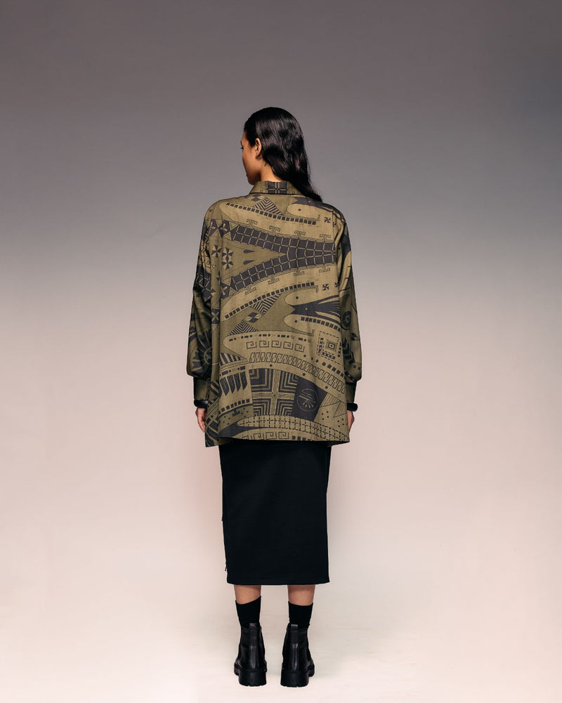 Olive Print Oversized Shirt cotton by Kritika Murarka in olive color for women Worldwide