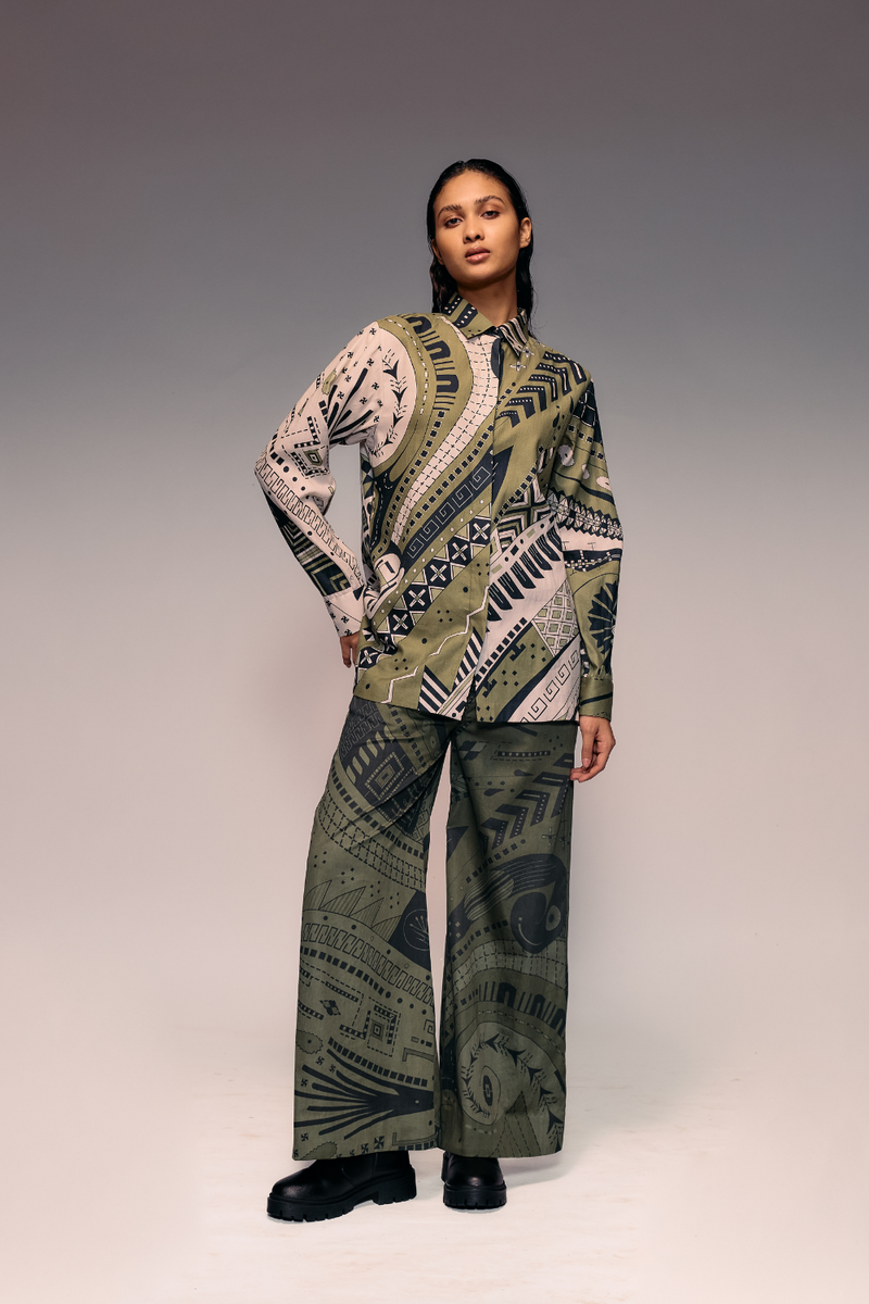 Olive Print Trouser cotton by Kritika Murarka in olive color for women Worldwide