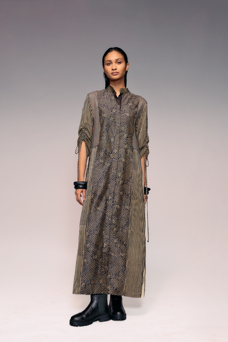 Black Print Panel Dress silk by Kritika Murarka in black color for women Worldwide