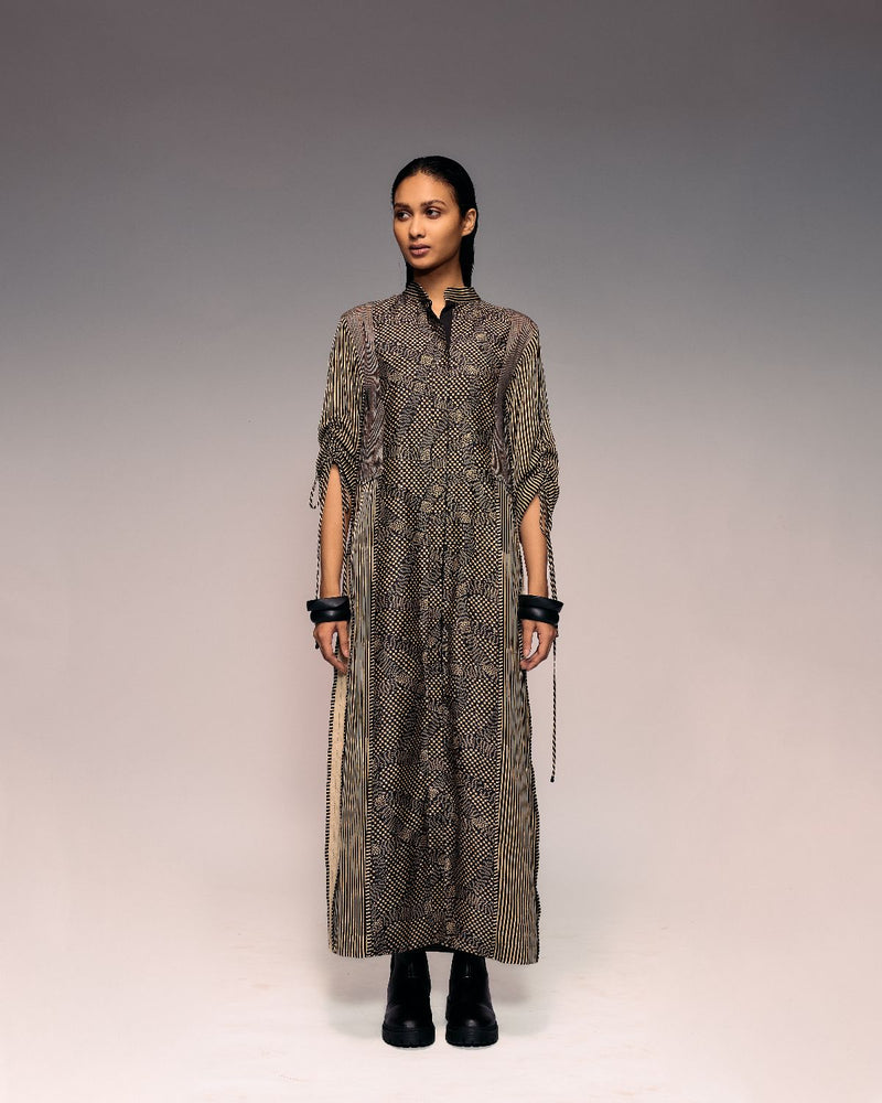 Black Print Panel Dress silk by Kritika Murarka in black color for women Worldwide