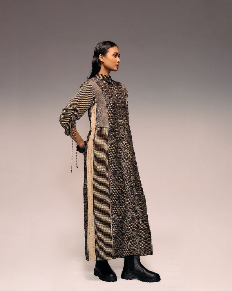 Black Print Panel Dress silk by Kritika Murarka in black color for women Worldwide