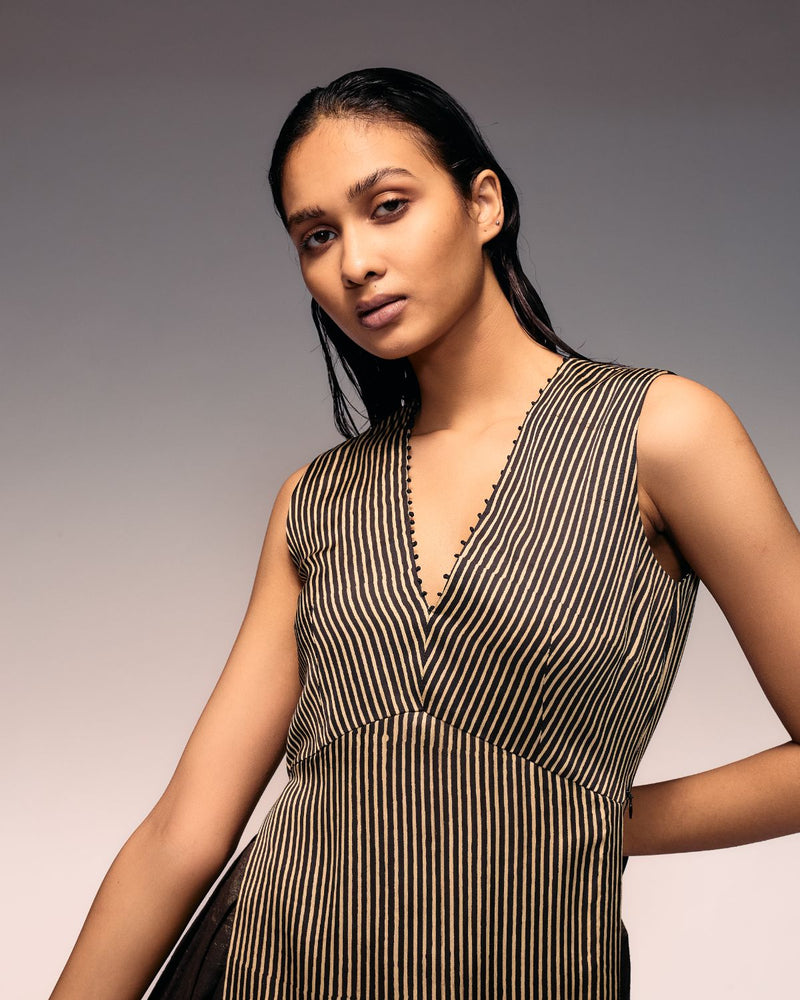 Ajrakh Stripe V neck Top satin by Kritika Murarka in black color for women Worldwide