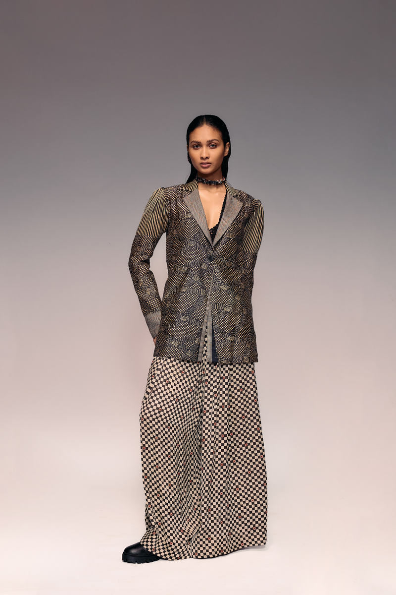 Ajrakh Check Wide Trouser satin by Kritika Murarka in black color for women Worldwide