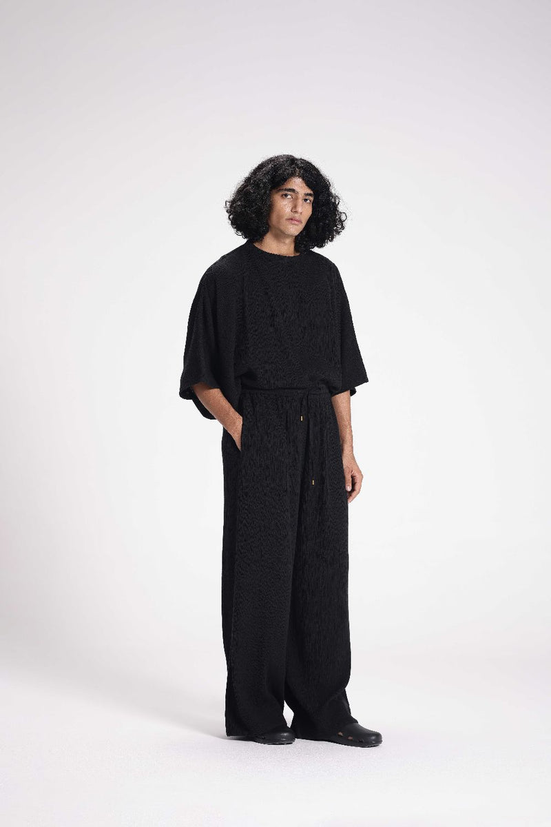 Textured Drawstring Straight Pant cotton by Turn Black in black color for women Worldwide