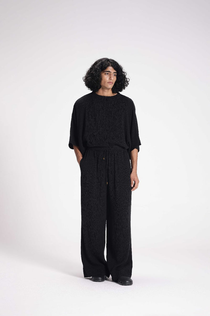 Textured Drawstring Straight Pant cotton by Turn Black in black color for women Worldwide