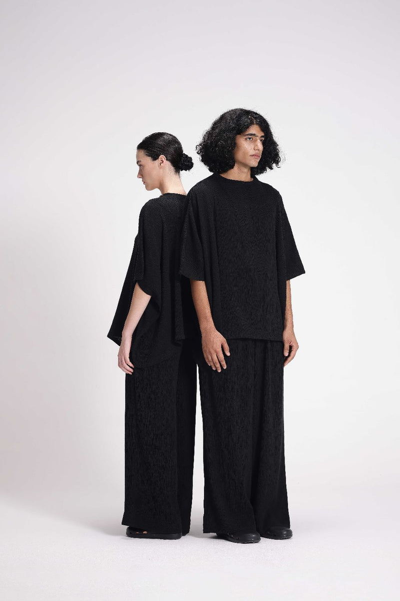 Textured Drawstring Straight Pant cotton by Turn Black in black color for women Worldwide