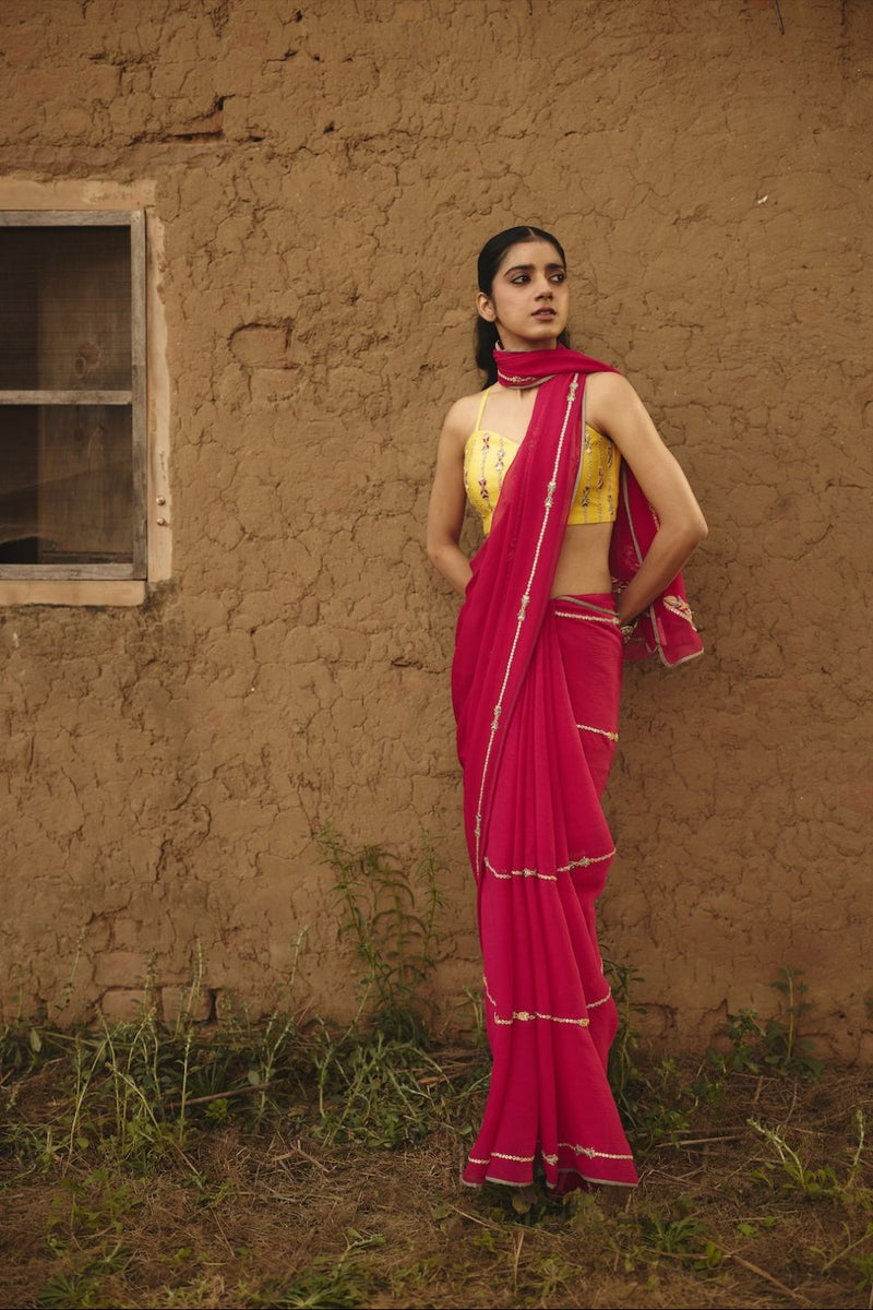 TEYA SAREE chiffon by Rashika Mittal in pink color for women Worldwide
