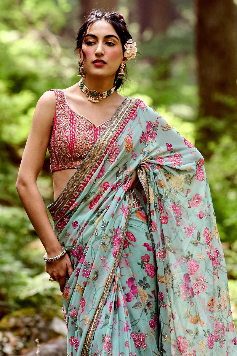 Mariam Saree Set georgettte by Paulmi & Harsh-kahan Sep'26 in blue for women Worldwide