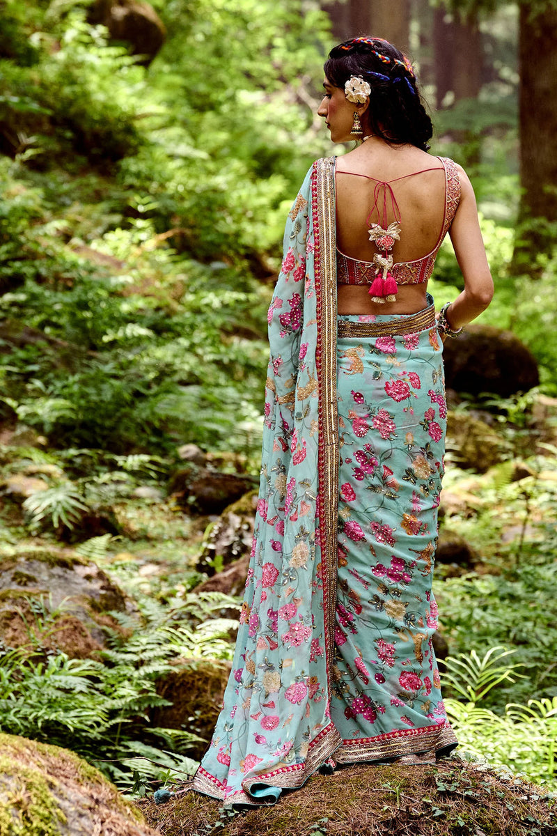 Mariam Saree Set georgettte by Paulmi & Harsh-kahan Sep'26 in blue for women Worldwide