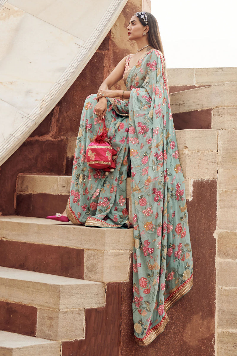 Mariam Saree Set georgettte by Paulmi & Harsh-kahan Sep'26 in blue for women Worldwide