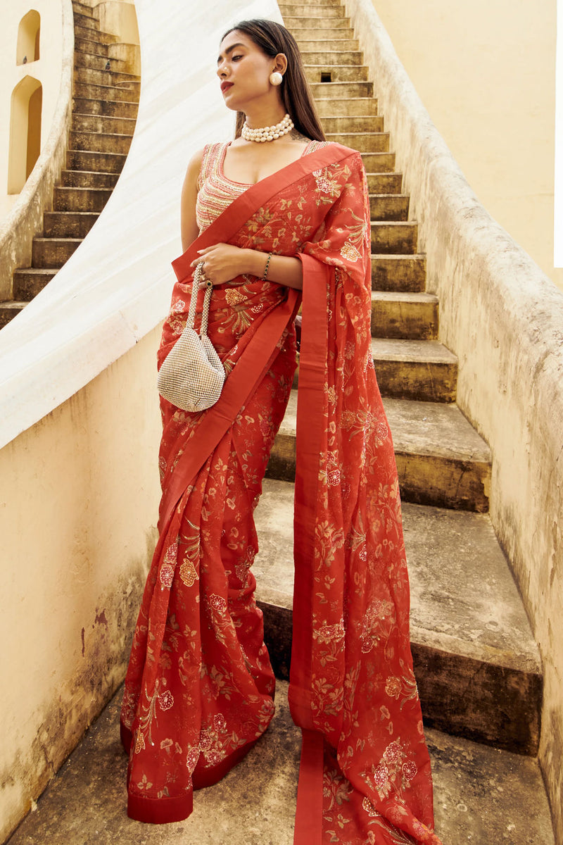 Garnet Saree Set organza by Paulmi & Harsh-kahan Sep'26 in red for women Worldwide