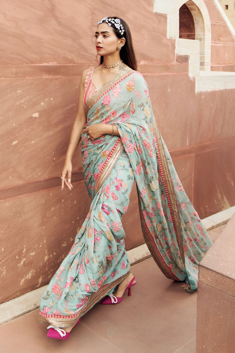 Mariam Saree Set georgettte by Paulmi & Harsh-kahan Sep'26 in blue for women Worldwide