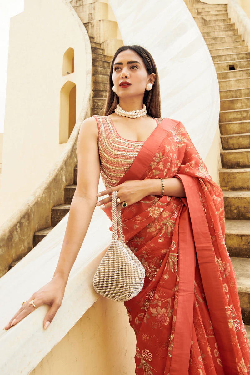 Garnet Saree Set organza by Paulmi & Harsh-kahan Sep'26 in red for women Worldwide