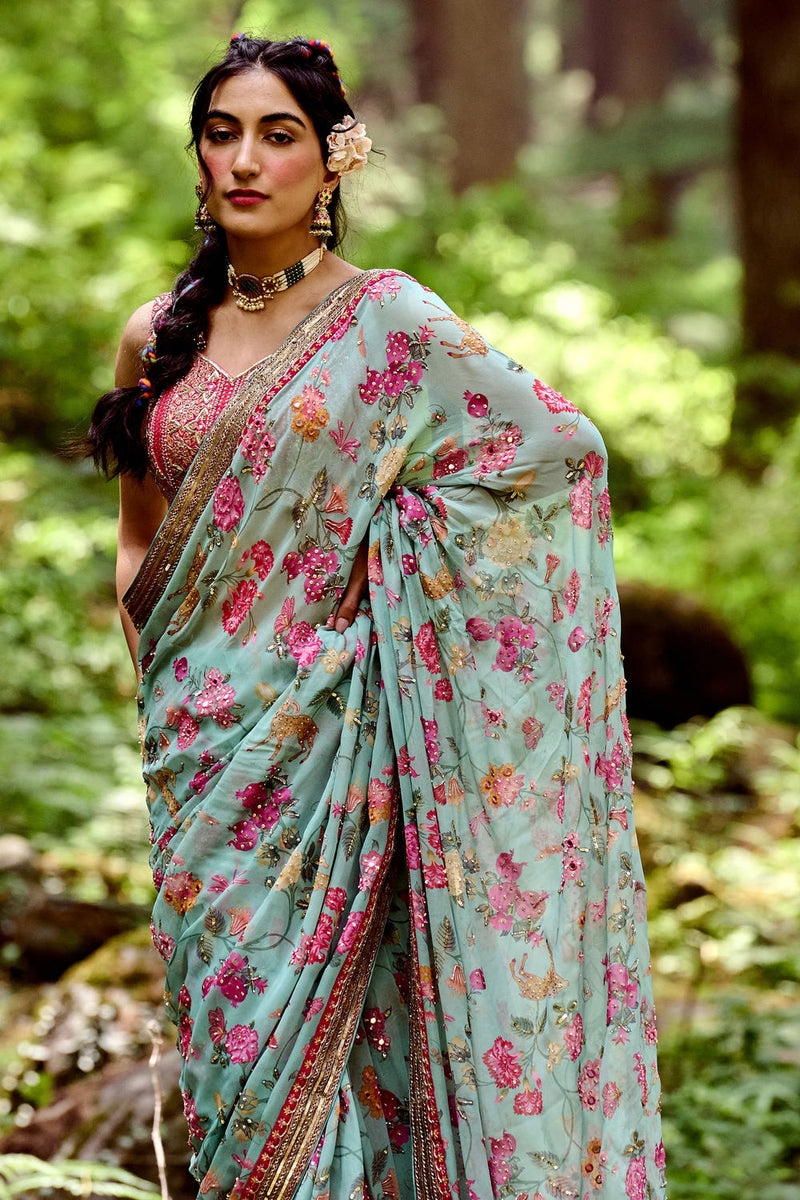 Mariam Saree Set georgettte by Paulmi & Harsh-kahan Sep'26 in blue for women Worldwide