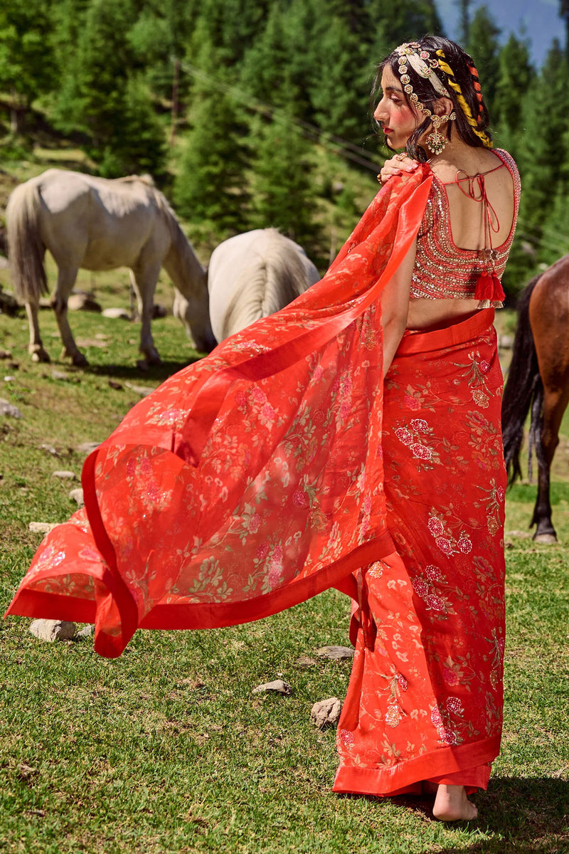 Garnet Saree Set organza by Paulmi & Harsh-kahan Sep'26 in red for women Worldwide