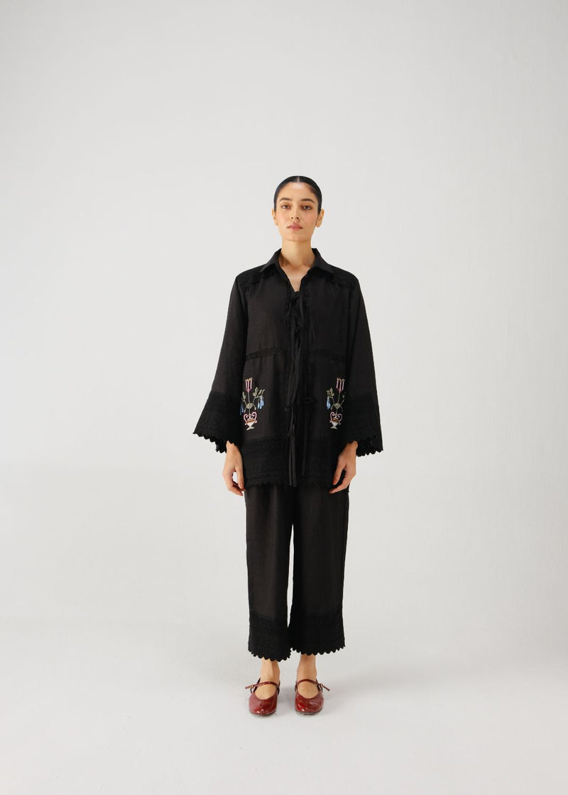 Tie up shirt-Black bead emb. by CORD for women Worldwide