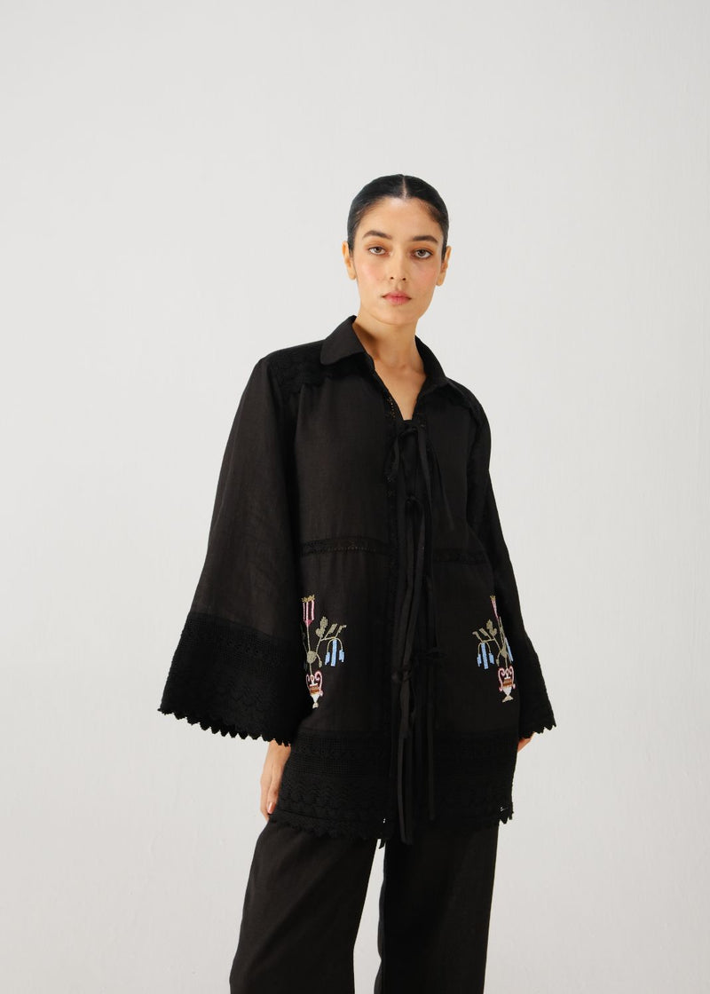 Tie up shirt-Black bead emb. by CORD for women Worldwide