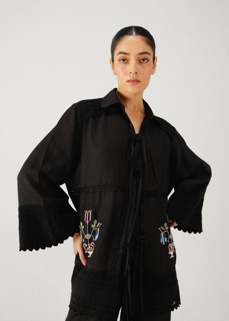 Tie up shirt-Black bead emb. by CORD for women Worldwide