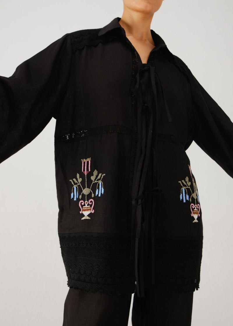 Tie up shirt-Black bead emb. by CORD for women Worldwide