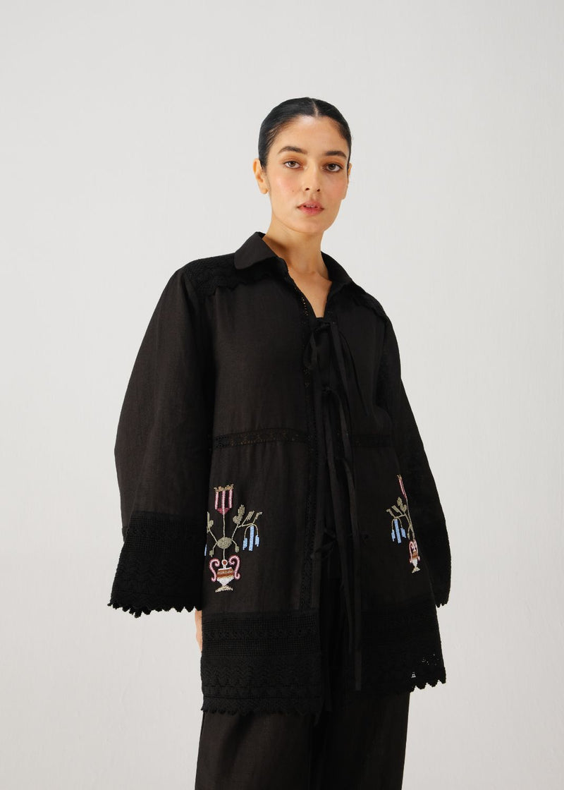 Tie up shirt-Black bead emb. by CORD for women Worldwide