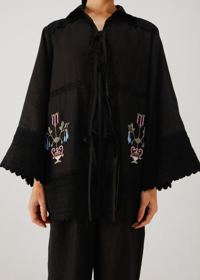 Tie up shirt-Black bead emb. by CORD for women Worldwide
