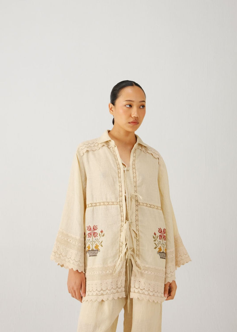 Tie up shirt-Ivory vase emb. by CORD for women Worldwide