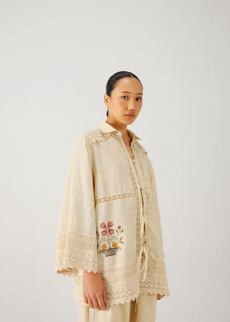 Tie up shirt-Ivory vase emb. by CORD for women Worldwide