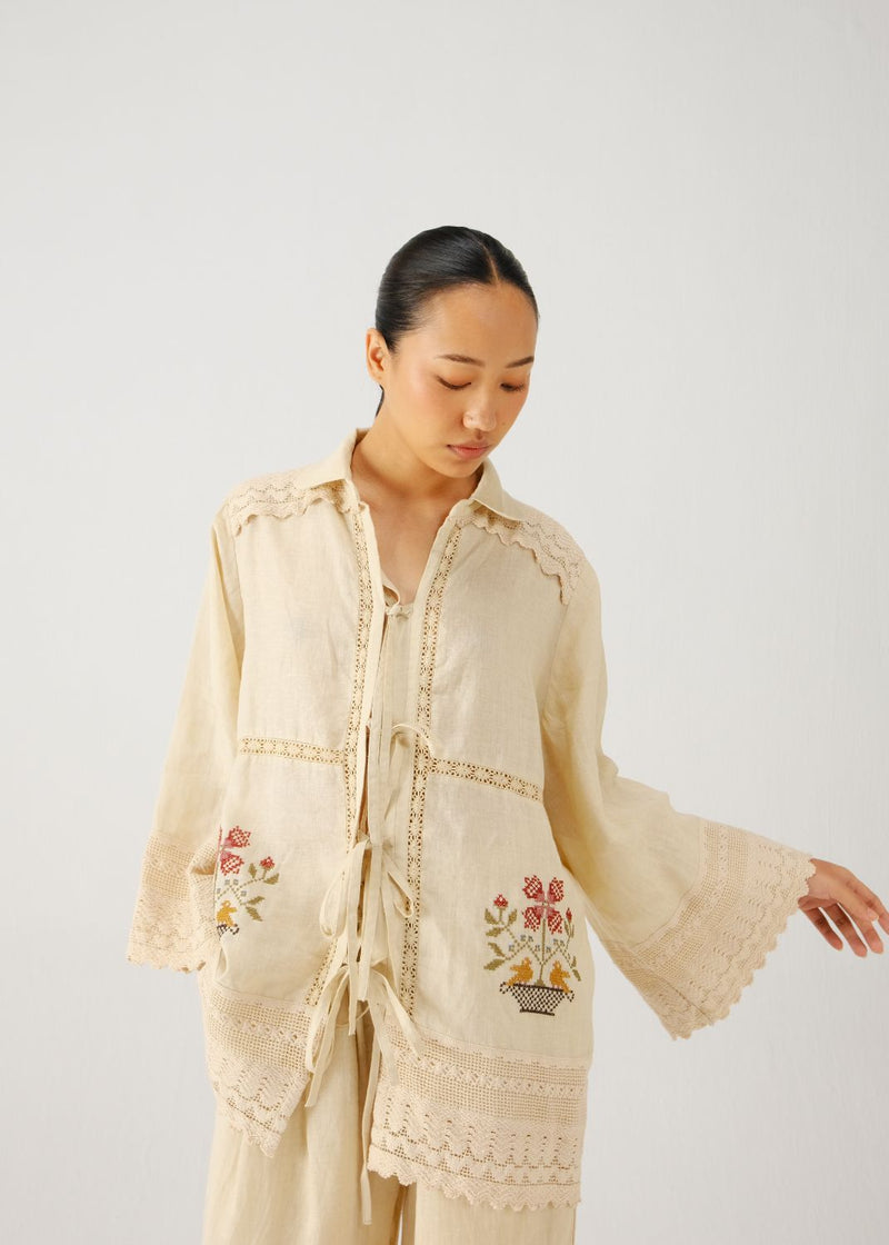 Tie up shirt-Ivory vase emb. by CORD for women Worldwide