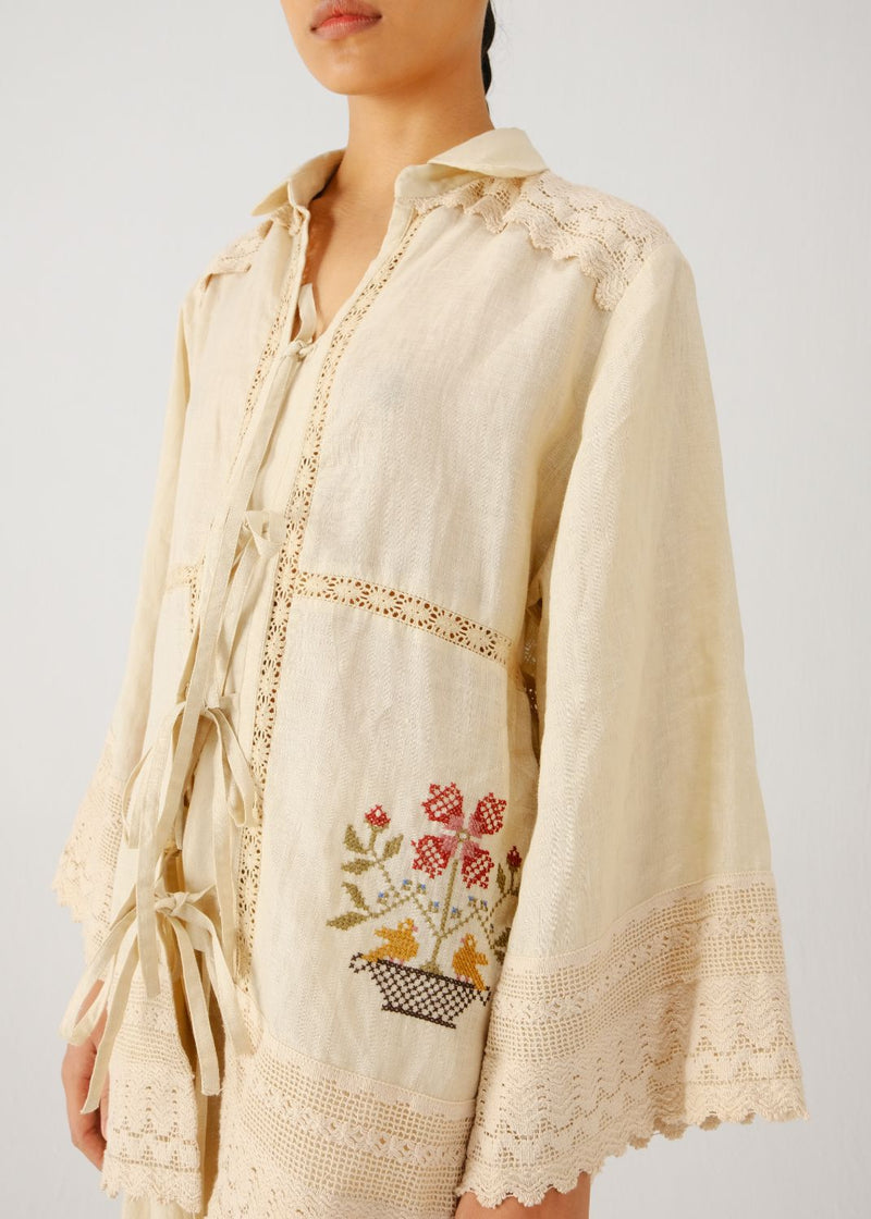 Tie up shirt-Ivory vase emb. by CORD for women Worldwide