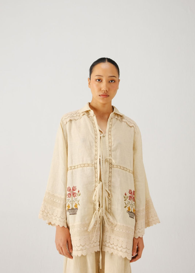 Tie up shirt-Ivory vase emb. by CORD for women Worldwide