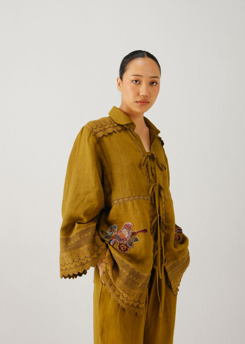Tie up shirt-Olive parrot emb. by CORD for women Worldwide