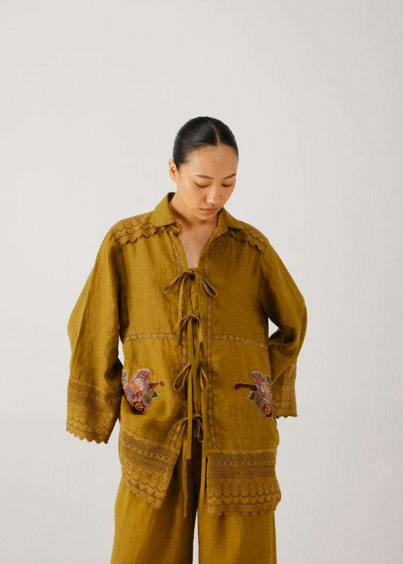 Tie up shirt-Olive parrot emb. by CORD for women Worldwide
