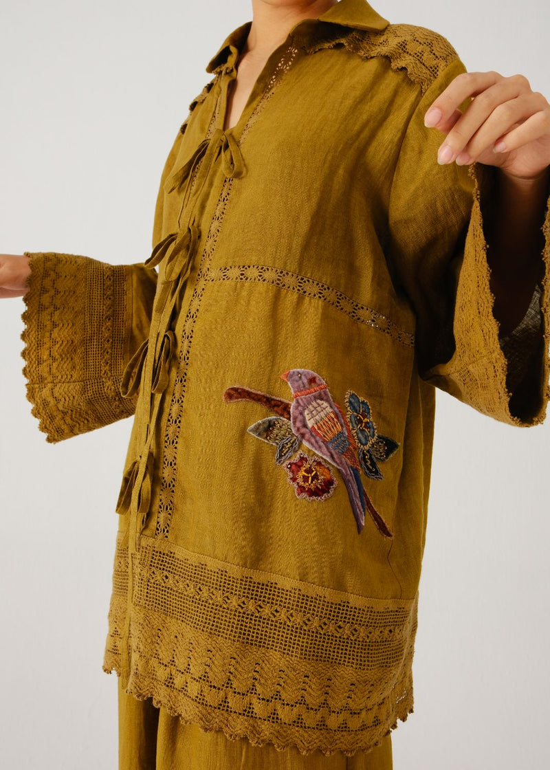 Tie up shirt-Olive parrot emb. by CORD for women Worldwide