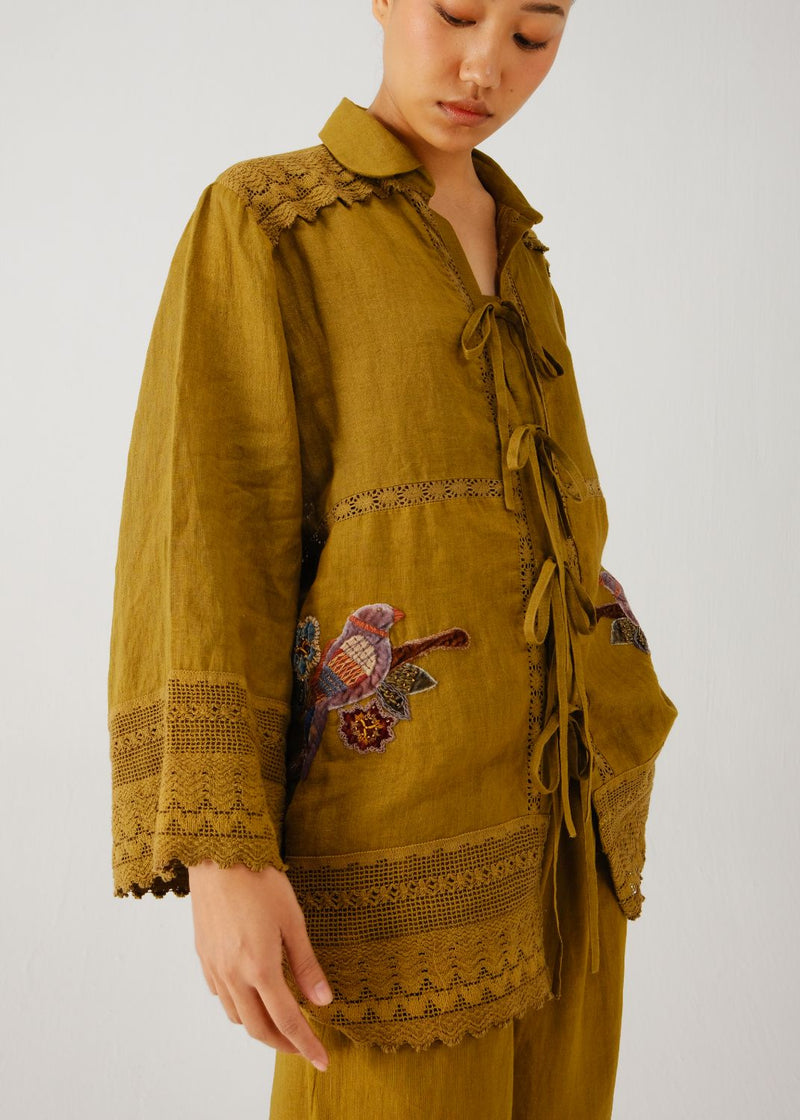 Tie up shirt-Olive parrot emb. by CORD for women Worldwide