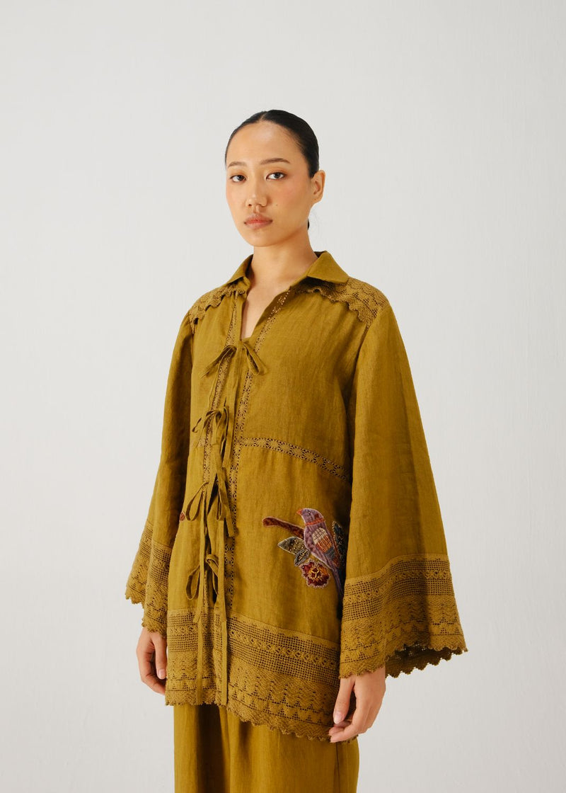 Tie up shirt-Olive parrot emb. by CORD for women Worldwide