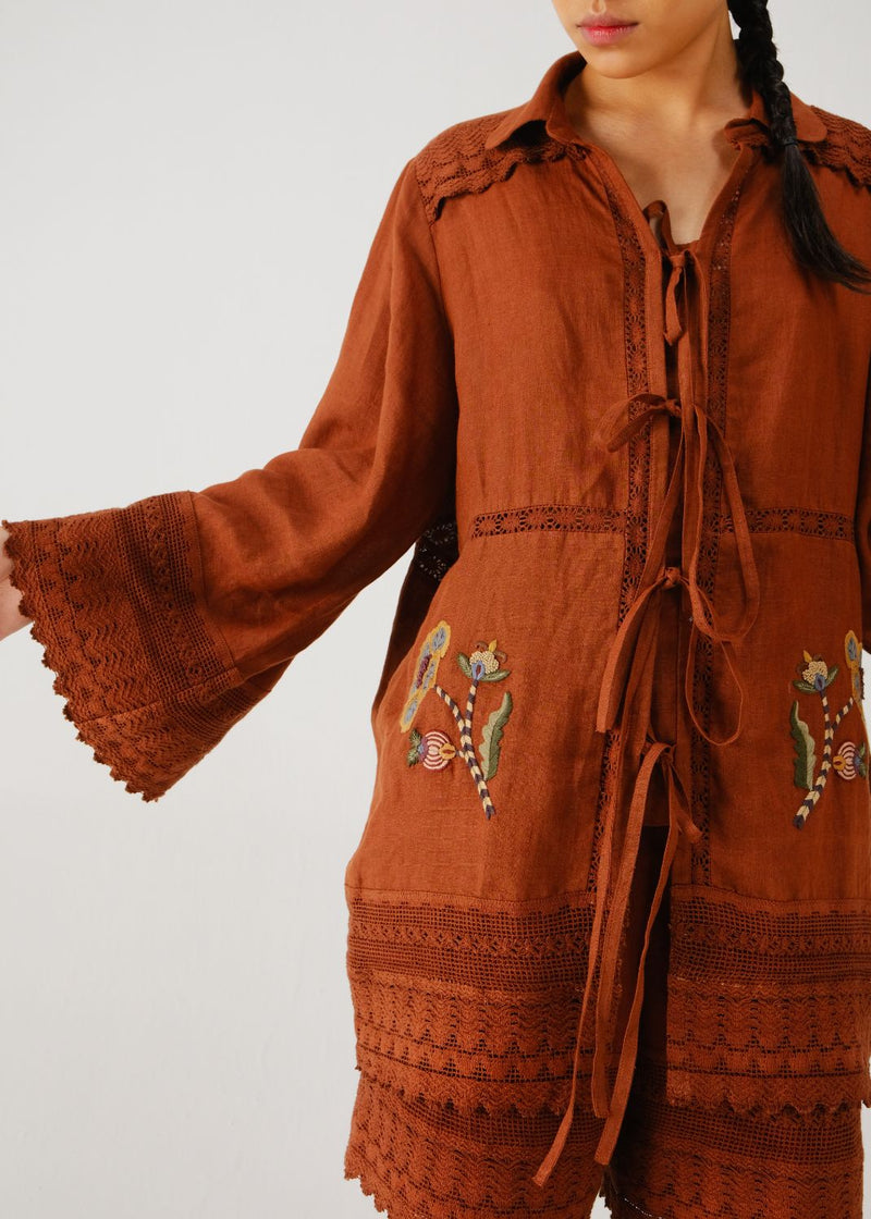 Tie up shirt-Rust bloom emb. by CORD for women Worldwide