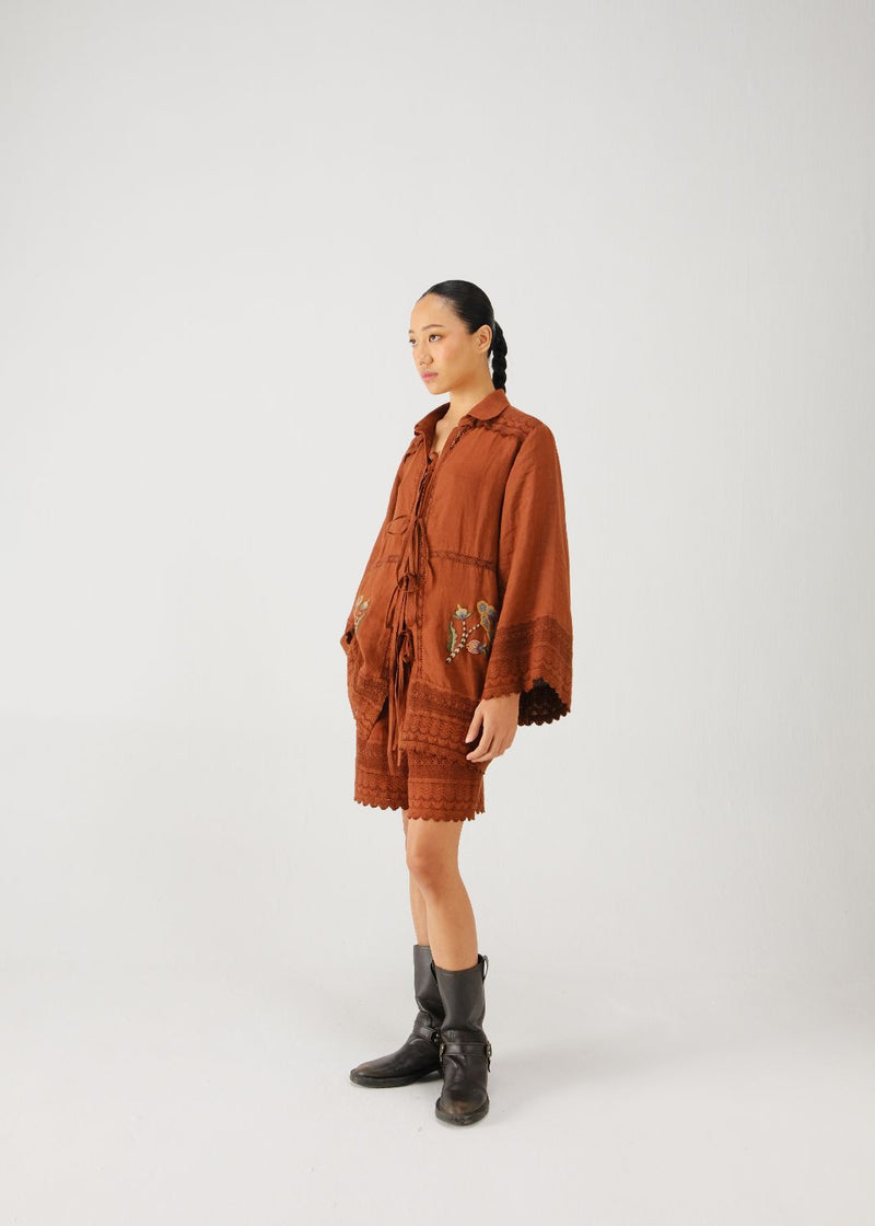Tie up shirt-Rust bloom emb. by CORD for women Worldwide