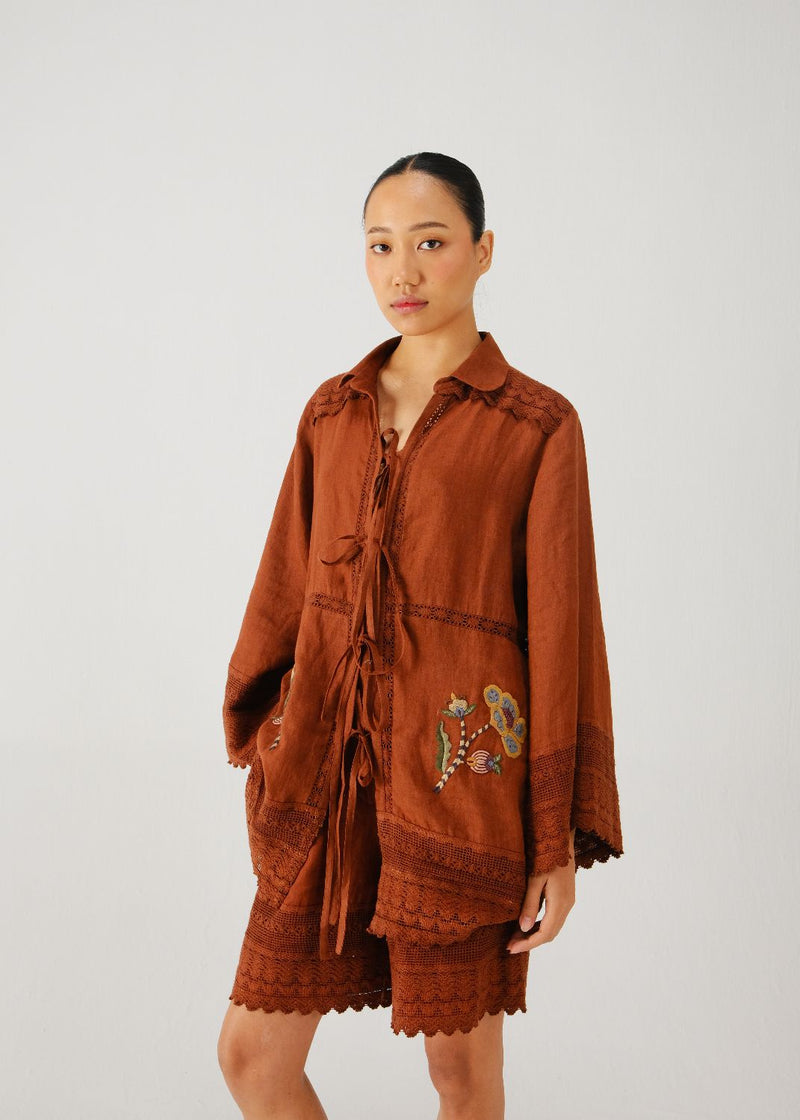 Tie up shirt-Rust bloom emb. by CORD for women Worldwide