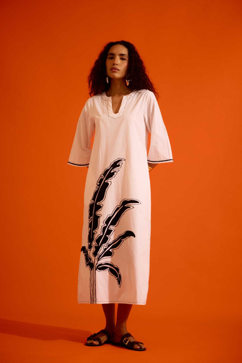 Ivory Cotton Thread Embroidered Dress With Leaf Motif poplin by Indian Summer Story in ivory color for women Worldwide