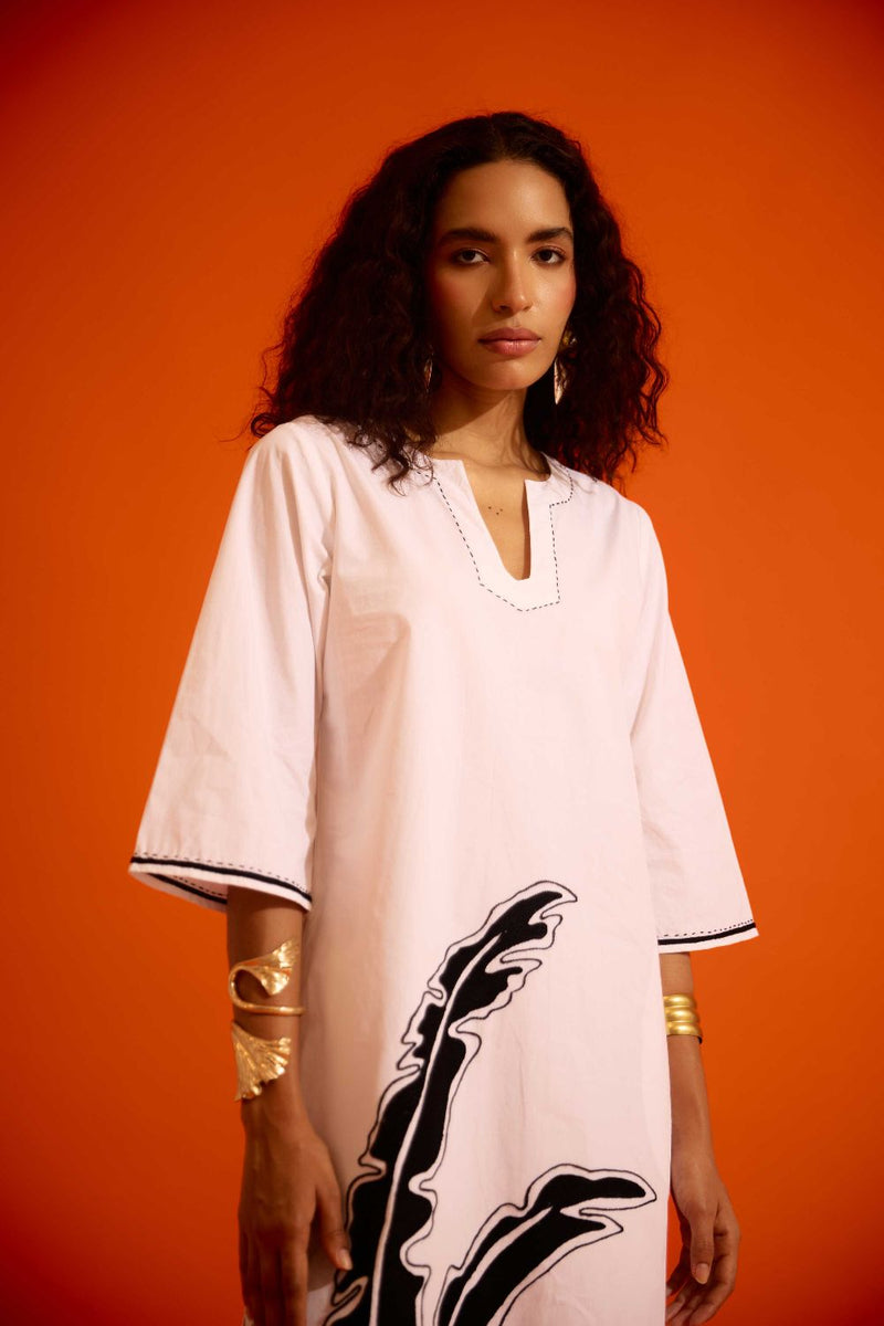 Ivory Cotton Thread Embroidered Dress With Leaf Motif poplin by Indian Summer Story in ivory color for women Worldwide