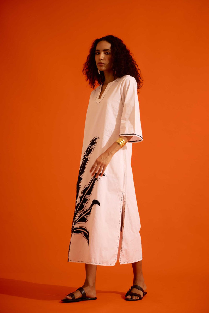 Ivory Cotton Thread Embroidered Dress With Leaf Motif poplin by Indian Summer Story in ivory color for women Worldwide